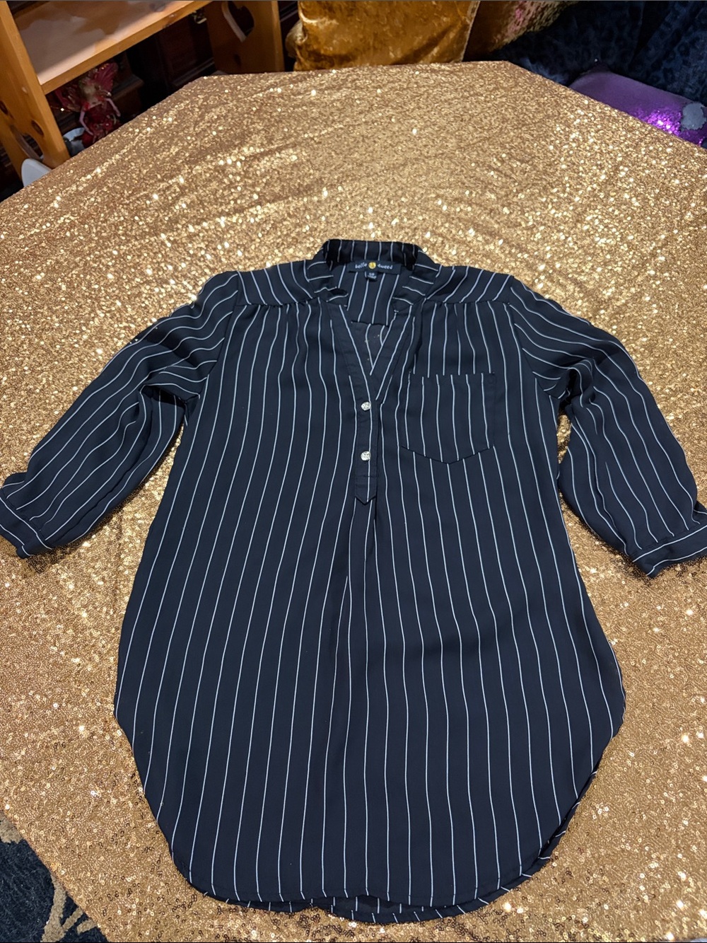 belle tweed Black and White Striped Tunic Blouse
